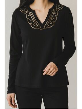 Charter Club Petite Small Black V-Neck Gold Tone Metal Embellished Top